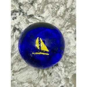 Vintage Hand Blown Art Glass Paperweight Cobalt Blue Yellow Boat MCM
